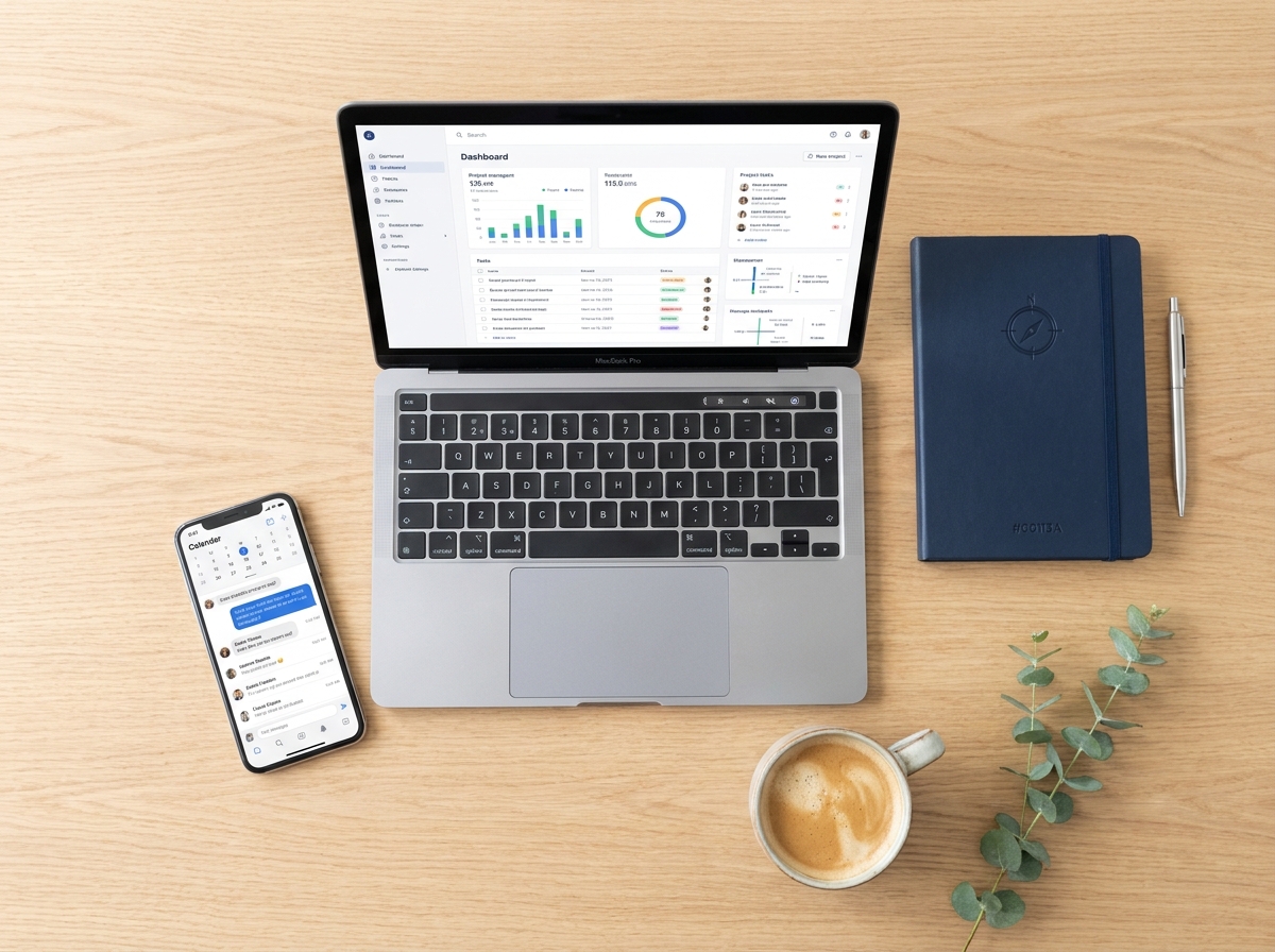 An overhead flat-lay of a laptop and phone showing app dashboards with seasonal greenery