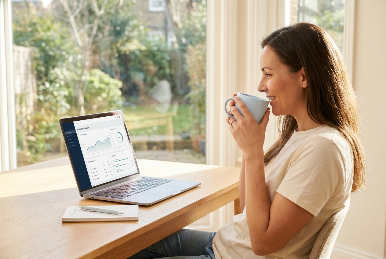 A relaxed business owner with a coffee at a tidy desk with a laptop