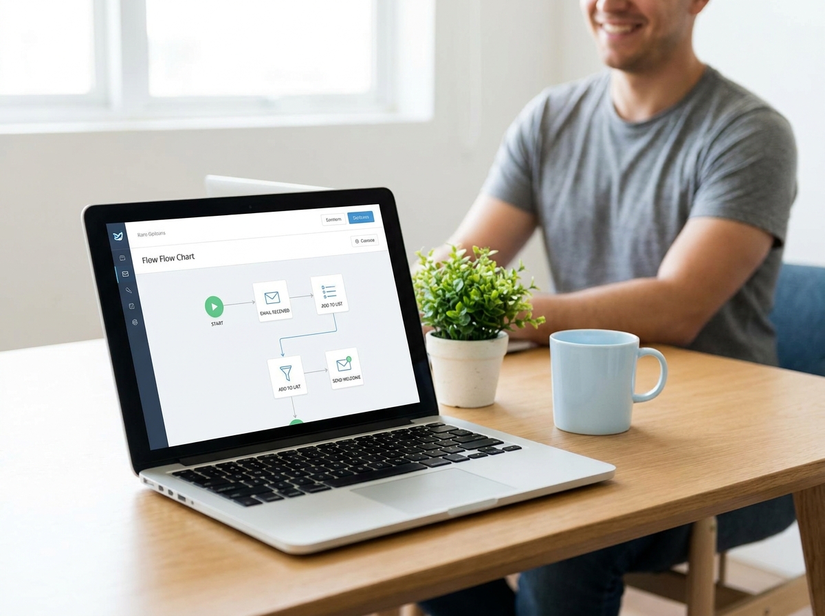 A laptop showing a simple automation flow on a clean bright desk