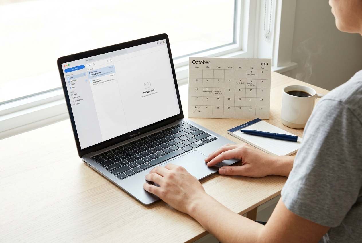 A calm tidy desk with a calendar and a laptop showing a clean inbox