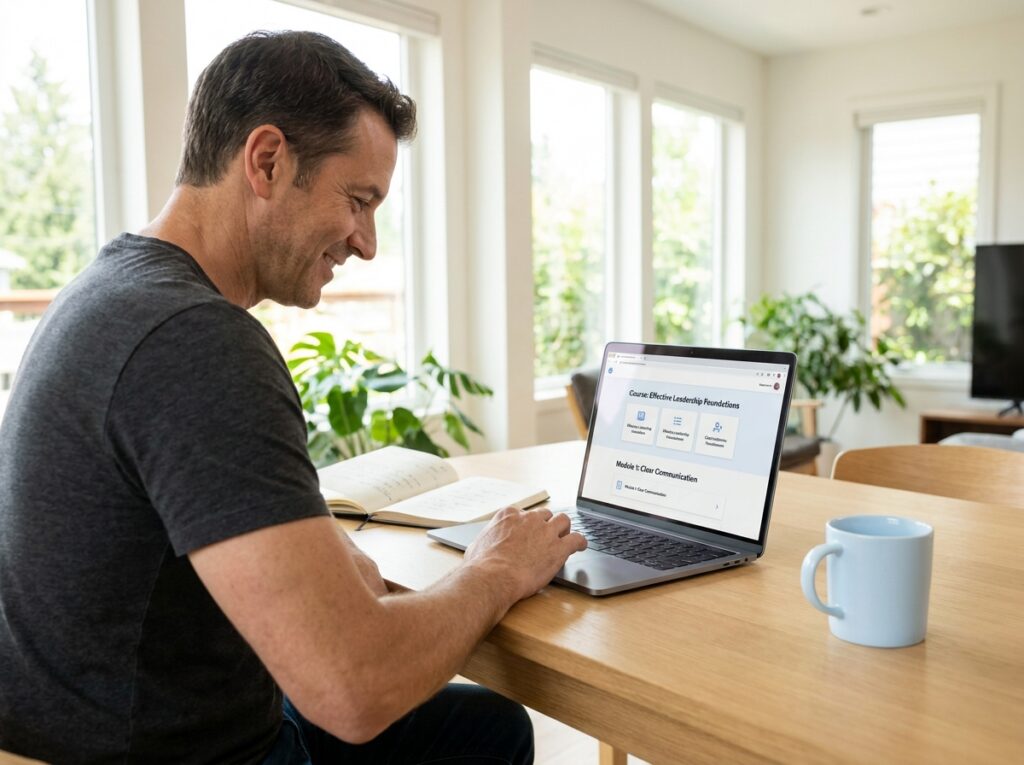 A business leader taking an online course on a laptop in a bright space