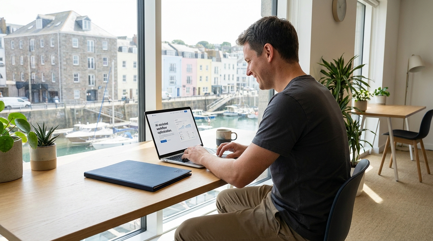 A Jersey professional reviewing work on a laptop in a bright office