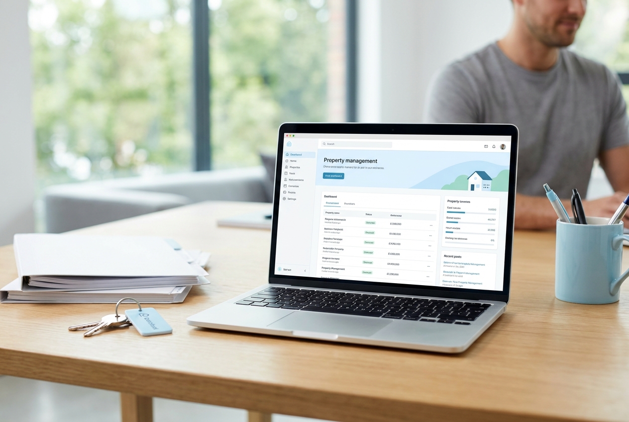 An estate agency desk with a laptop showing a property dashboard and house keys