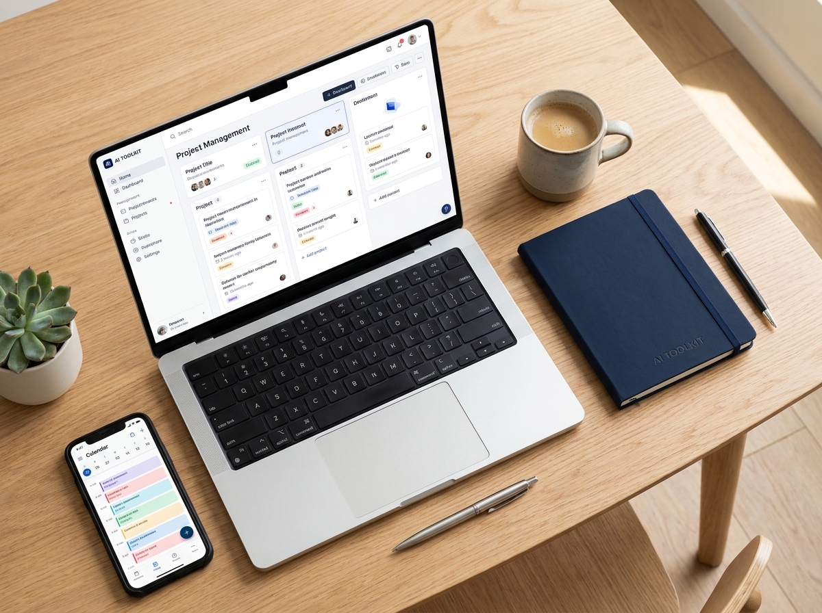 A flat-lay of a laptop and phone showing productivity app dashboards