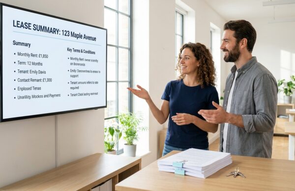 Two estate agents reviewing automatically extracted lease details on a screen with house keys on the desk