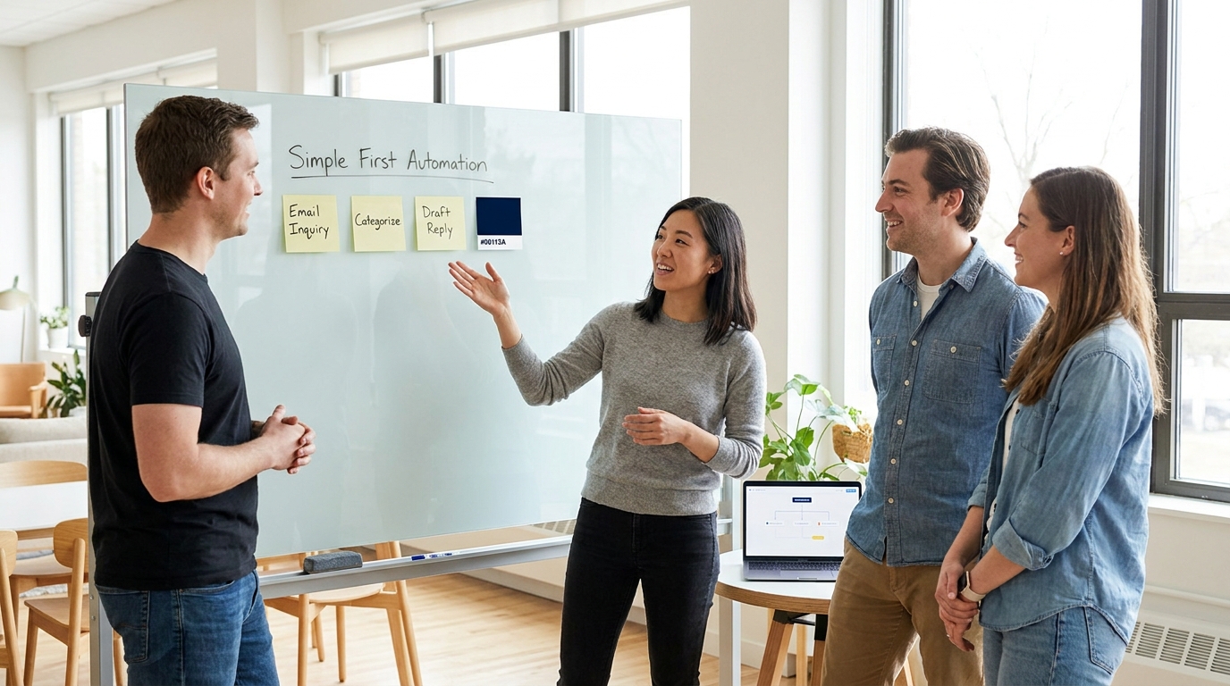 A small team mapping out a first AI automation on a glass board in a bright workshop