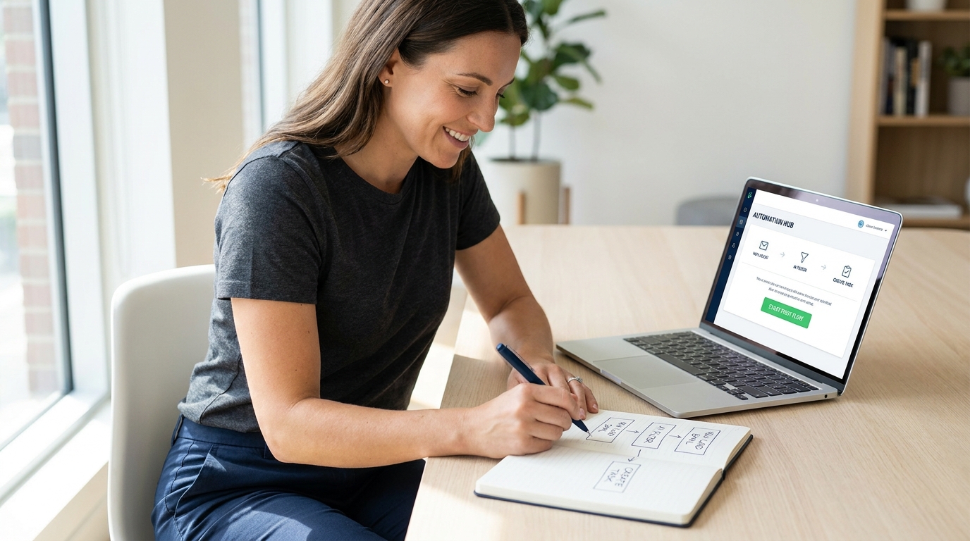 A business owner planning a first AI automation at a laptop with a notebook in a bright office