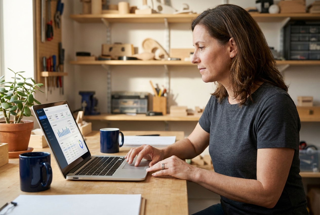 A small-business owner working thoughtfully at a laptop in a real workplace