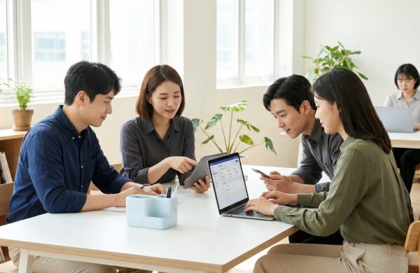 A small team working efficiently together in a tidy modern office
