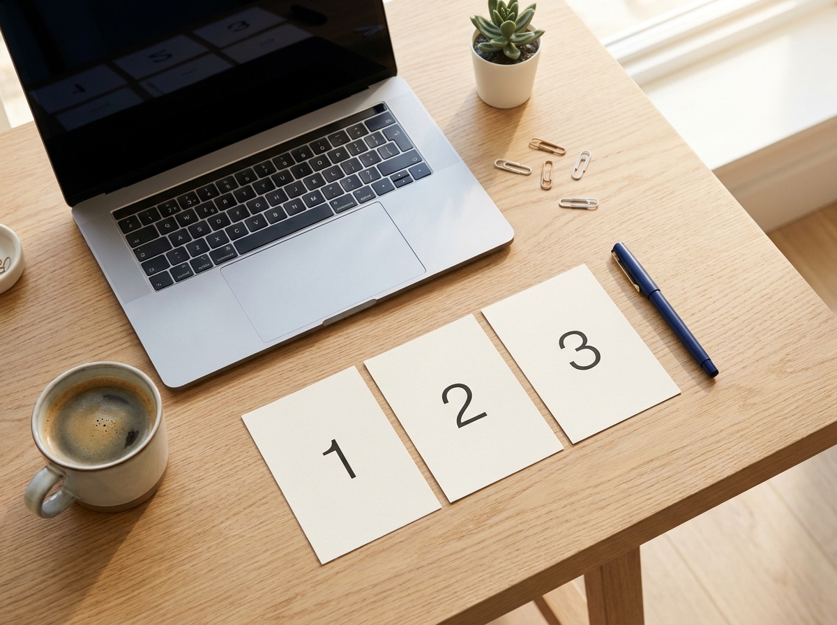 A flat-lay of three numbered cards beside a laptop representing three automation steps