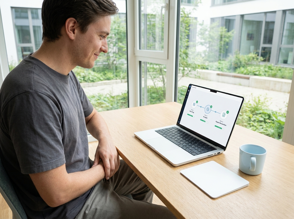 A person watching an automated workflow on a laptop in a bright office
