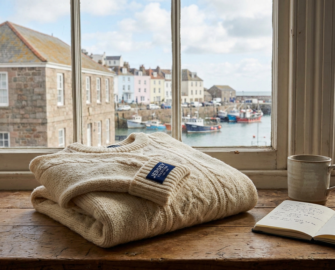 A traditional Jersey wool jumper folded by a window overlooking the coastline