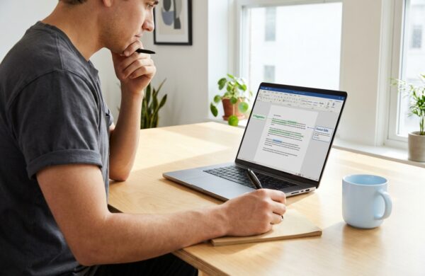 A person editing marketing content on a laptop with a notebook in a bright studio