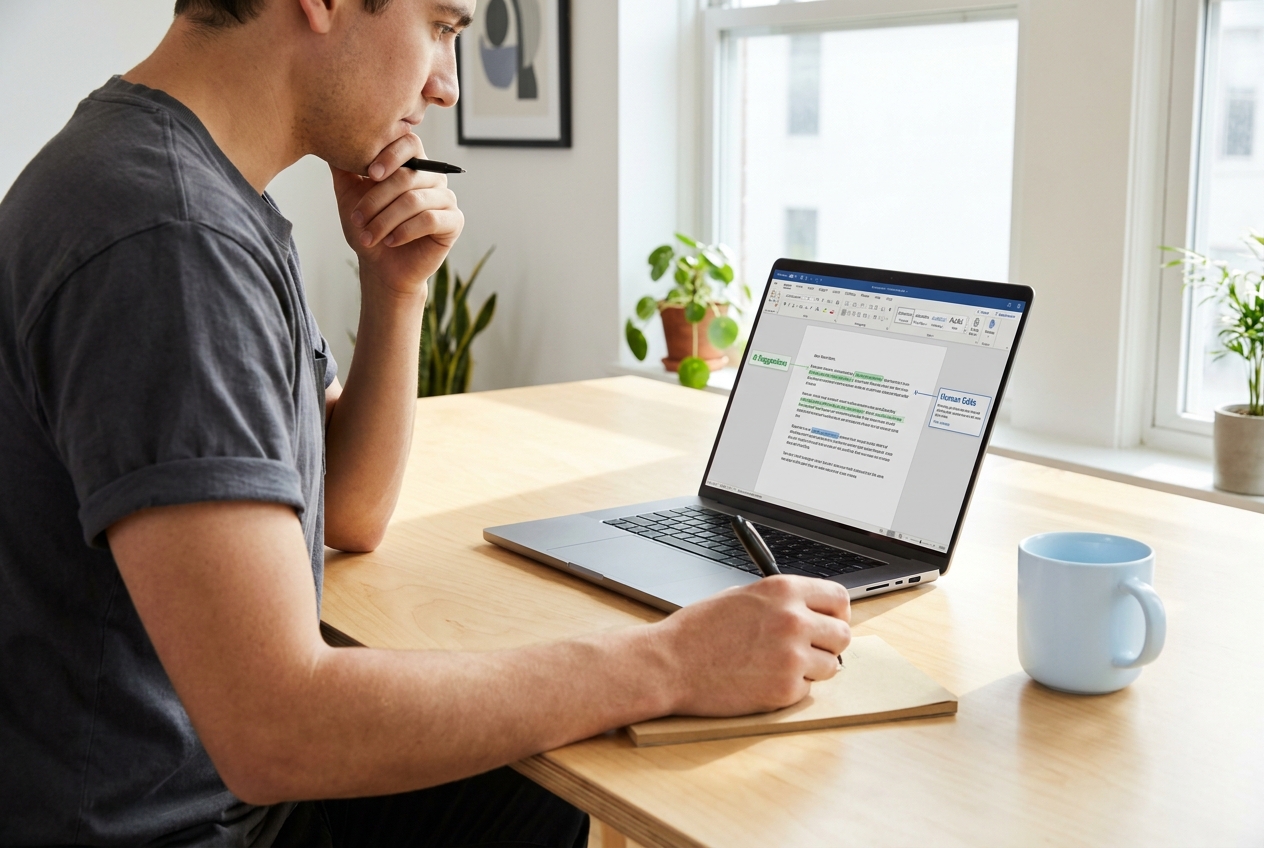 A person editing marketing content on a laptop with a notebook in a bright studio